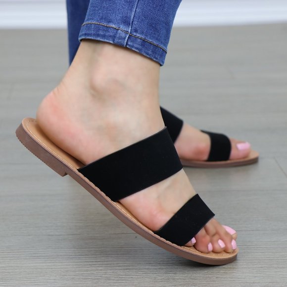 Slip On 2 Strap Flat slider Sandal Black Velvet - Picture 9 of 10